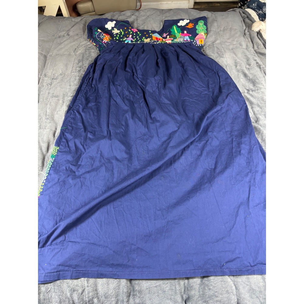 Handmade Colombia Navy Cotton Folk Art Embroidered Applique Maxi Dress Large - Picture 7 of 8